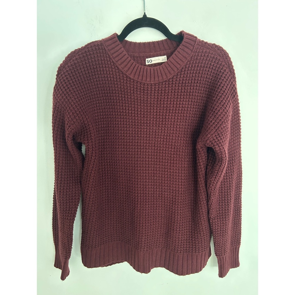 SO Goods For Life Womens Waffle Knit Sweater Burgundy Maroon Crew Neck Size M